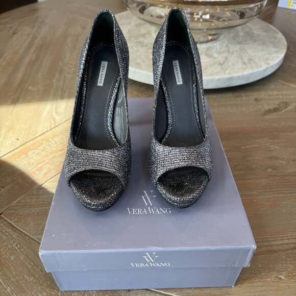 Vera Wang Lavender Selima Silver Glitter Peep Toe Heel Platform Pumps Size 6.5 - Picture 2 of 2